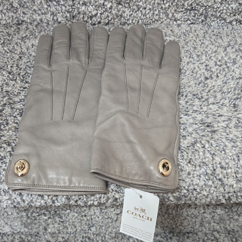 Coach Taupe Leather Gloves with Gold Buttons